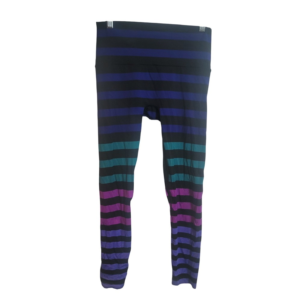 K Deer Striped Ankle Leggings Women Size L Black Blue Purple Compression Sports